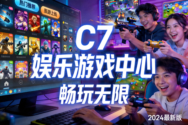 C7娱乐游戏中心主视觉图，展示丰富多彩的游戏选择界面和玩家正在畅玩的场景