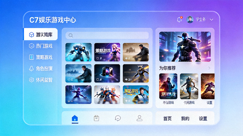 探索C7娱乐游戏中心平台全景，展示分类明确的游戏库和个性化推荐区域