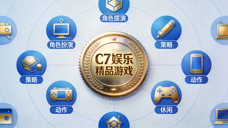C7娱乐精品游戏内容之道展示图，展示多种类型游戏图标环绕中心品质印章