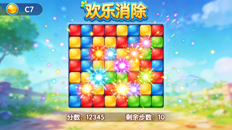 C7娱乐休闲类游戏《欢乐消除》游戏画面 - 多彩的消除方块与特效