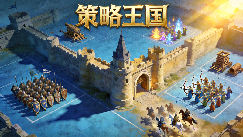 策略王国游戏主视觉图，展示中世纪城堡与兵种策略布局